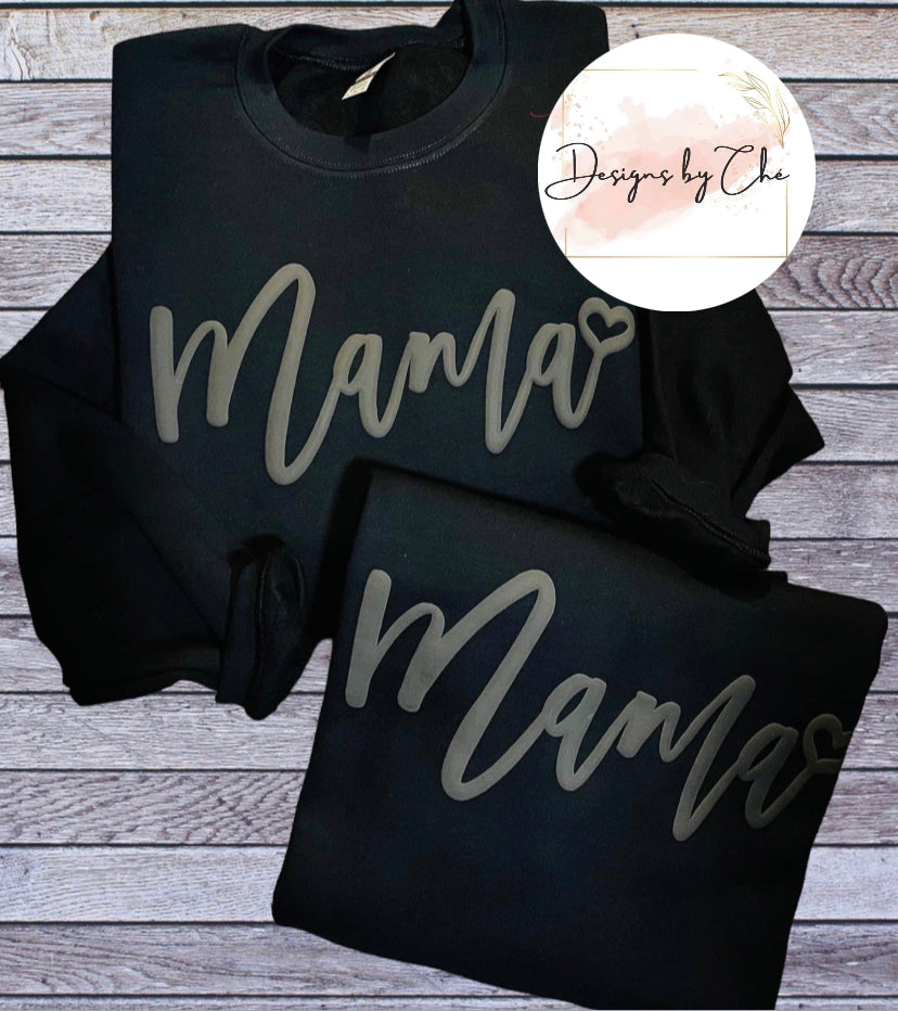 Black on Black Puff Mama Print Crew Neck